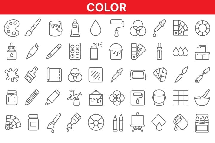 Art supplies and painting tools icon set.